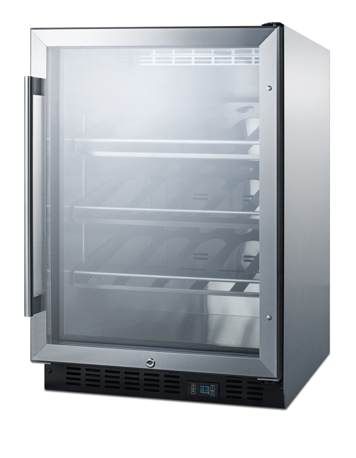Built-in undercounter commercially listed wine cellar with stainless steel interior, champagne shelving, digital controls, and stainless steel cabinet